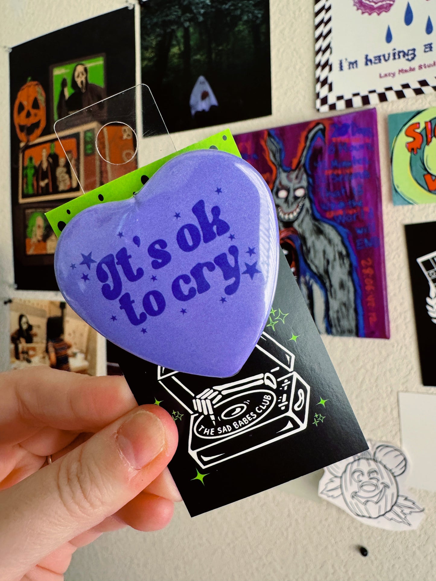 It's ok to cry heart shaped 2.25 inch button