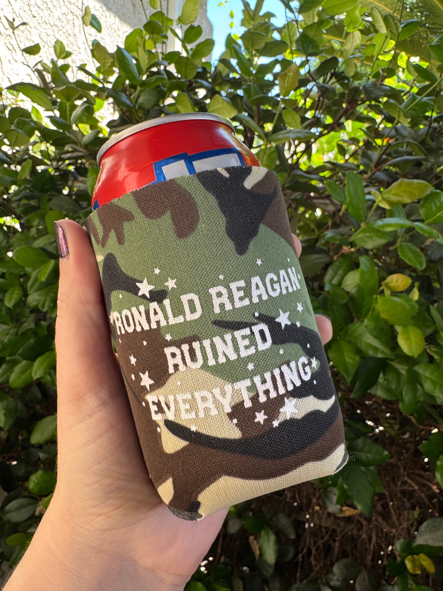 Ronald Reagan Ruined Everything Camo Can Cozy